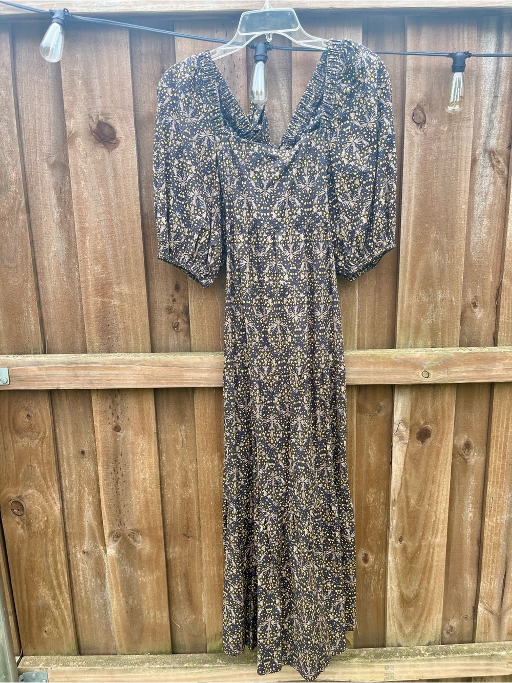 MINKPINK Black and Gold Floral Open Back Maxi Dress with Puff Sleeves